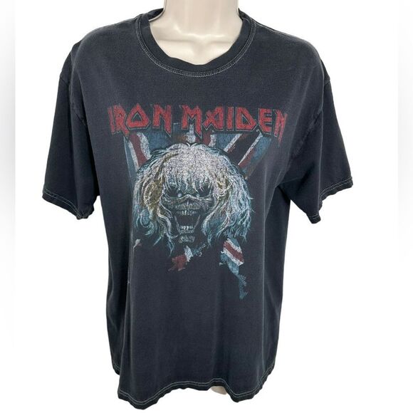 Tops - Vintage Iron Maiden Black Skull Head British Flag Graphic T Shirt